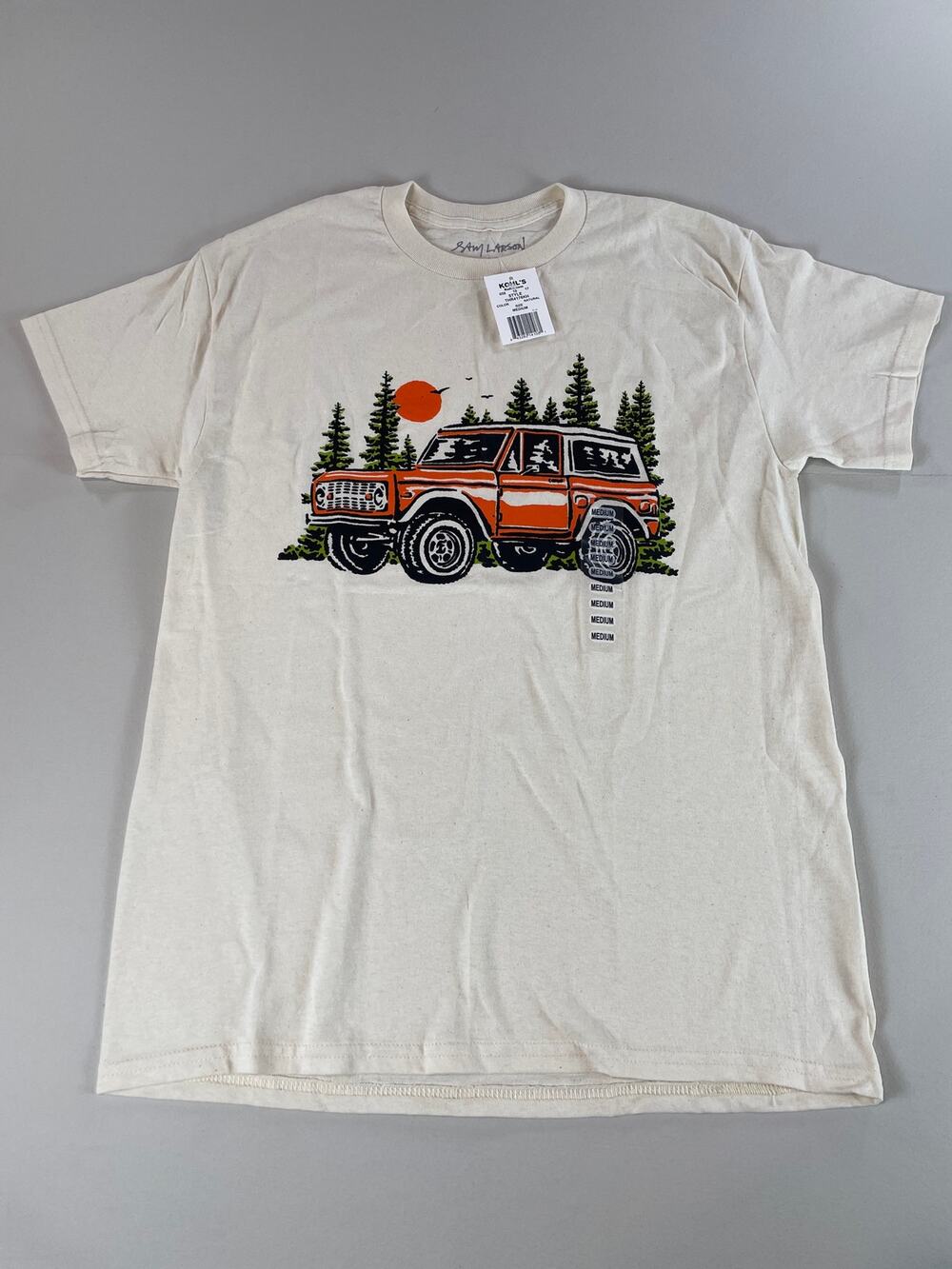 Threadless Shirt Size M Cream Sam Larson Bronco Forest Graphic Cotton Unisex NWT